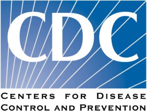 White letters CDC on a blue background with white lines and the words Centers for Disease Control and Prevention beneath the blue background.